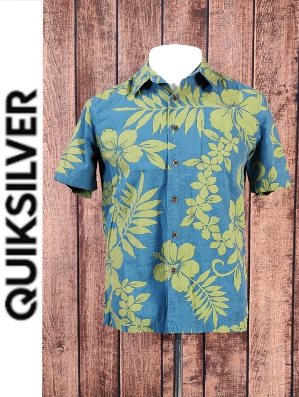 Quicksilver Mens Waterman Blue And Green Hibiscus Tailored Fit Button Up